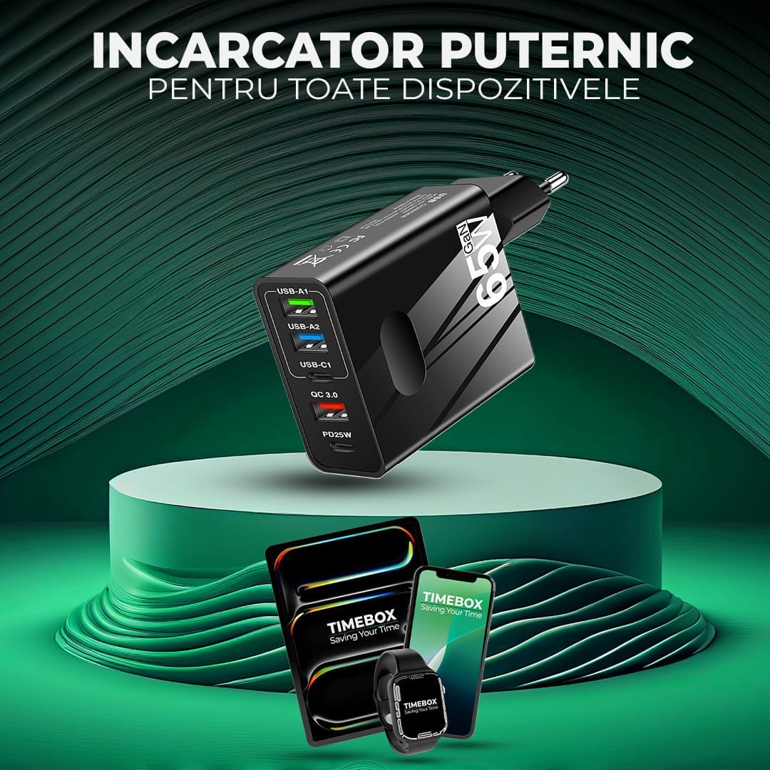 Incarcator Retea Timebox, 5 Porturi, 65W Fast Charge, 3 x USB, 2 x Type-C, QC 3,0, Negru