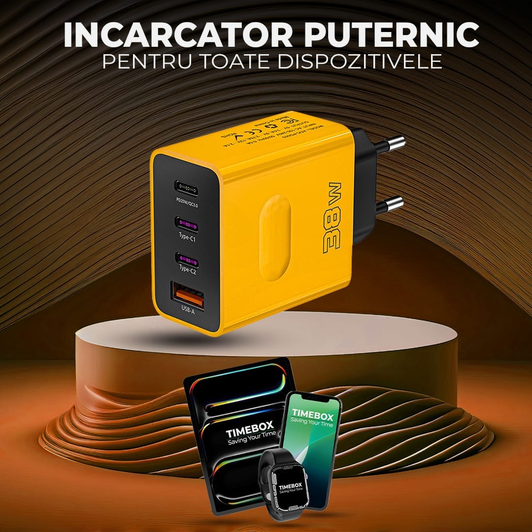 Incarcator Retea Timebox, 4 Porturi, 38W Fast-Charge, 3 x Type-C, 1 x USB, Galben