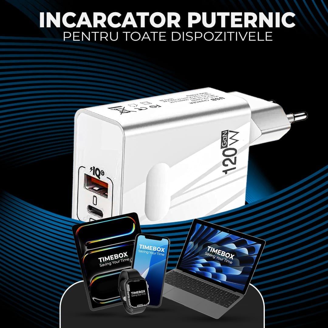 Incarcator Retea Timebox, 2 Porturi, 120W Fast-Charge, 1 x Type-C, 1 x USB Q,C 3,0, Alb