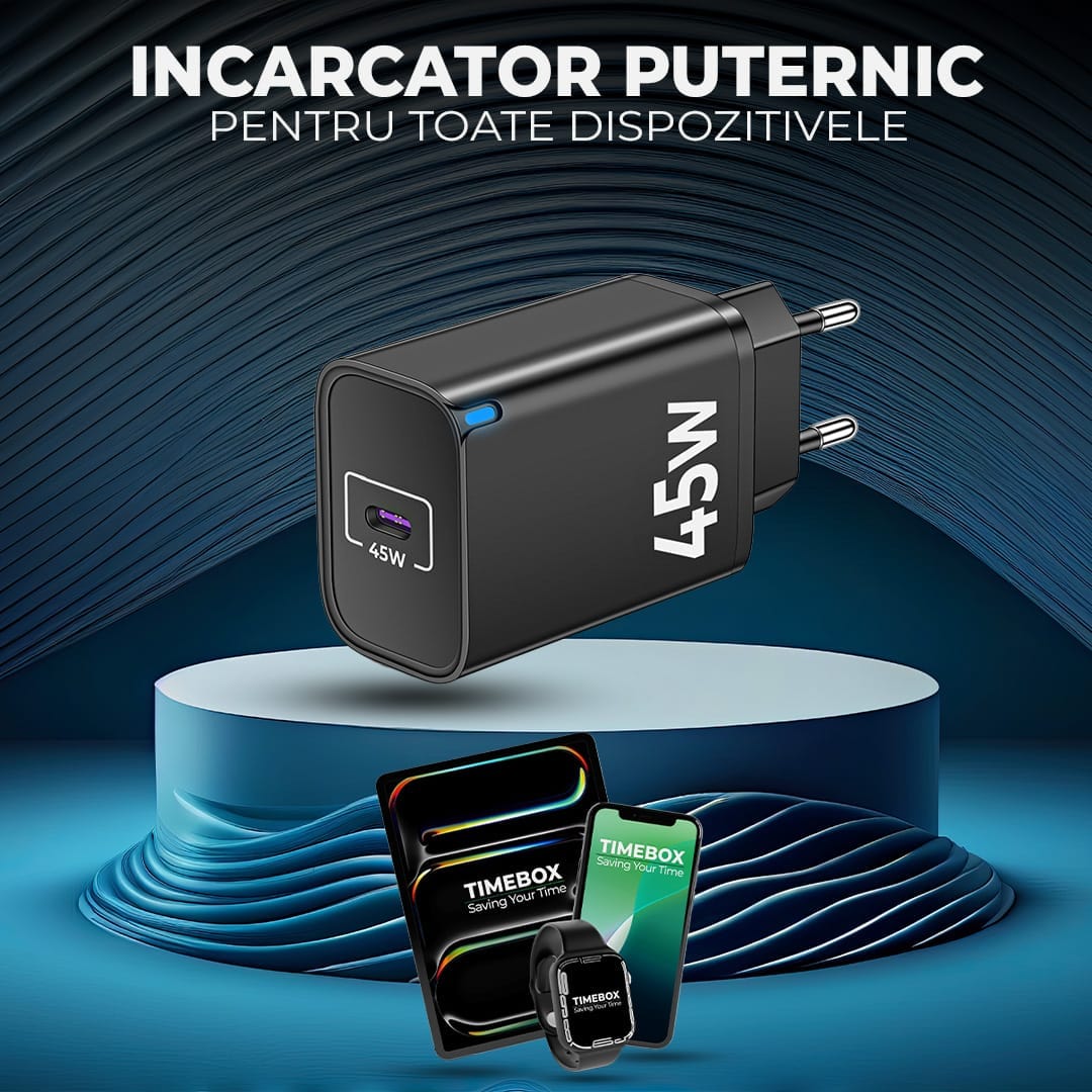 Incarcator Retea Timebox, 45W Fast Charge, 1 x Type-C, Negru