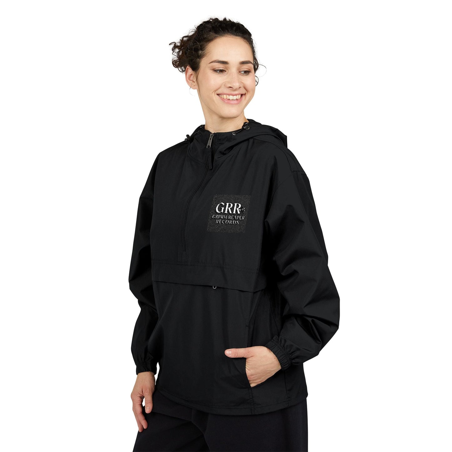 Champion Packable Anorak Jacket — Black Windbreaker with QRIS Chest Graphic