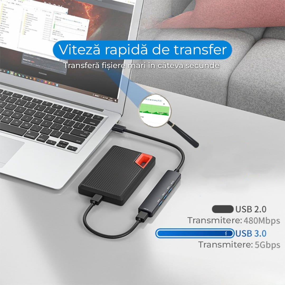 Hub USB 5 in 1 Tip C / USB 3,0,, Adaptor Multiport Cu Protectie Supracurent, 4,5W, 480 Mbps, 5 Gbps, Aluminiu, Negru