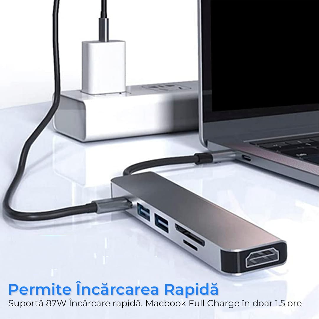 Hub USB 6 in 1, Type-C / USB 3,0, Cu Port HDMI 4K, Card Reader TF/SD, 87W, 480 Mbps, 5 Gbps, Compatibil laptop MacBook, PC, Aluminiu, Argintiu