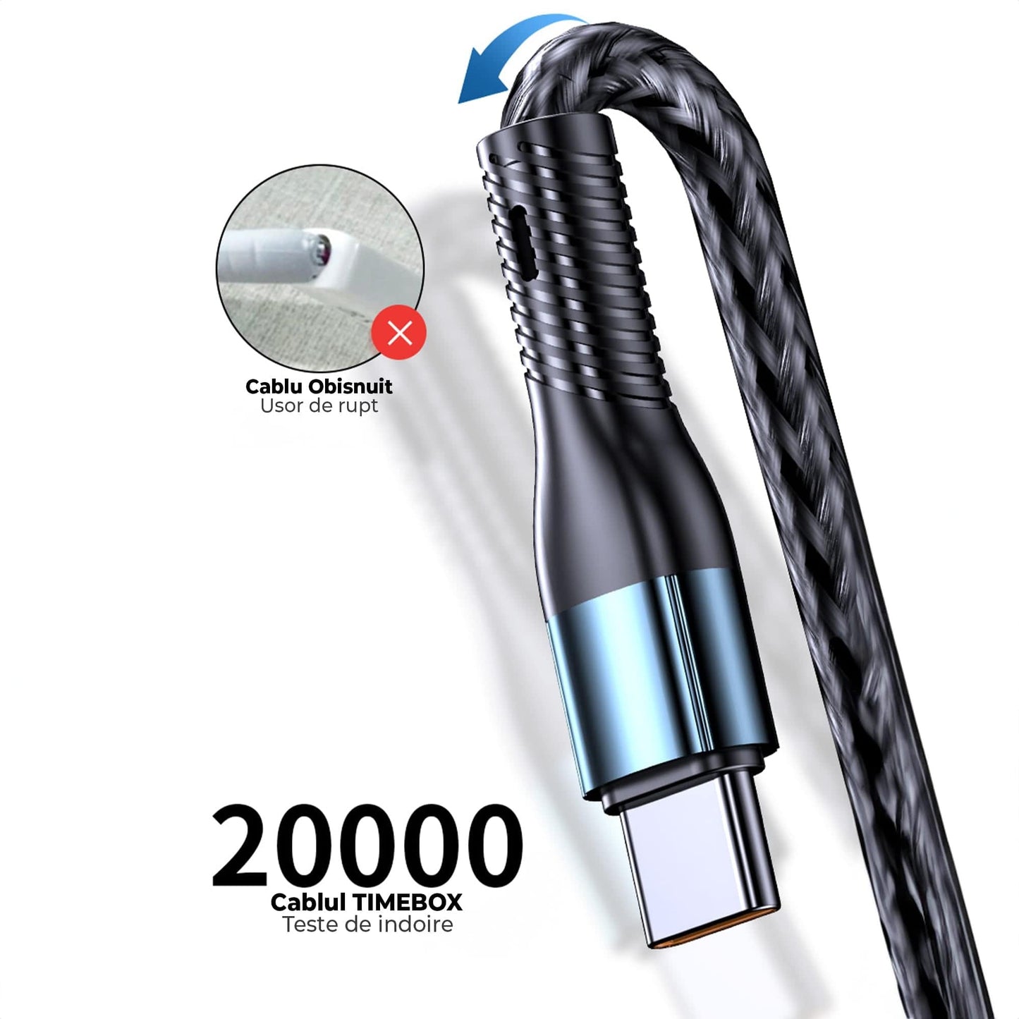 Cablu de date si incarcare Rapida, Timebox, 3 in 1, Nailon, Super Fast Charge 120W, USB, Type C, Lightning, Micro-USB, Albastru