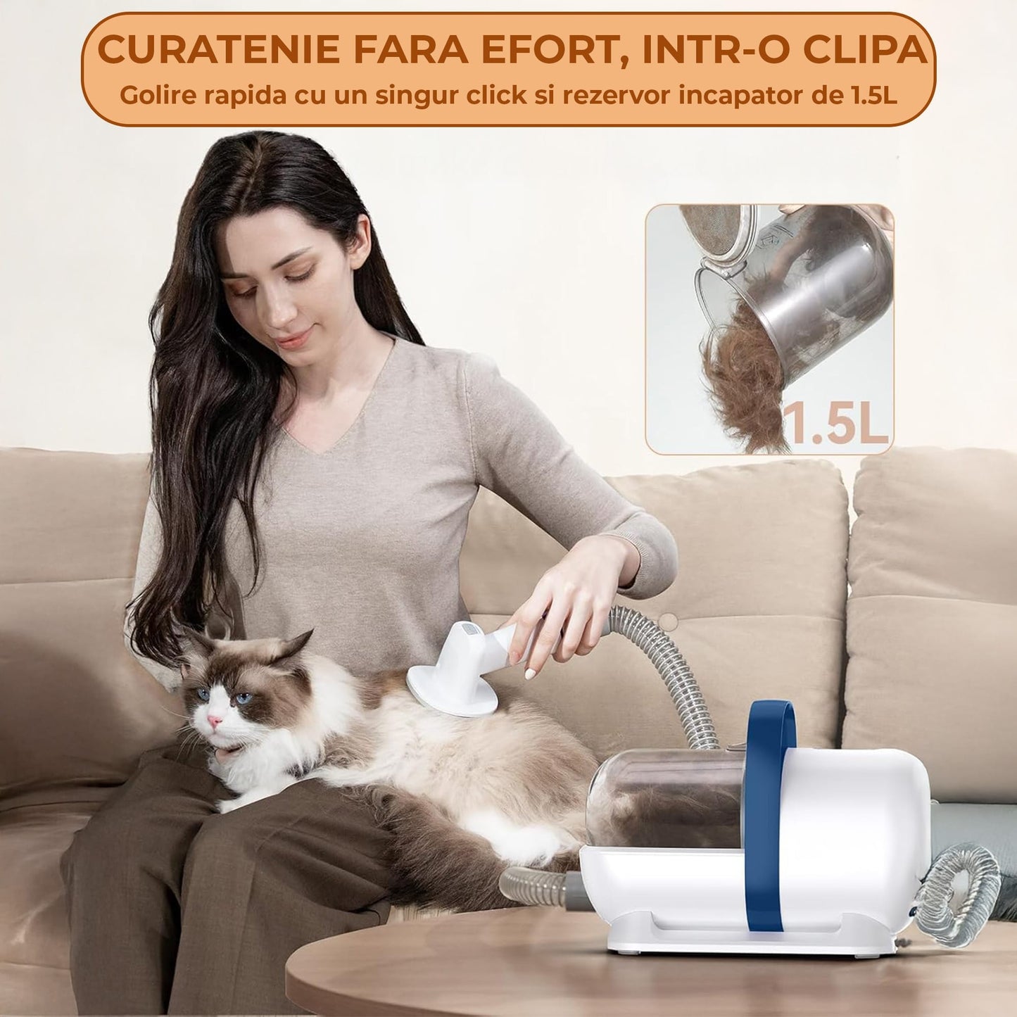 Aspirator Silentios pentru Ingrijirea Animalelor, Kit 6 in 1 cu Perie, Clipper si Trimmer, 48 dB Ultra Silentios, 3 Trepte de Viteza, Ideal pentru Tuns, Descurcat si Colectare Par, 1,5L Capacitate, Alb