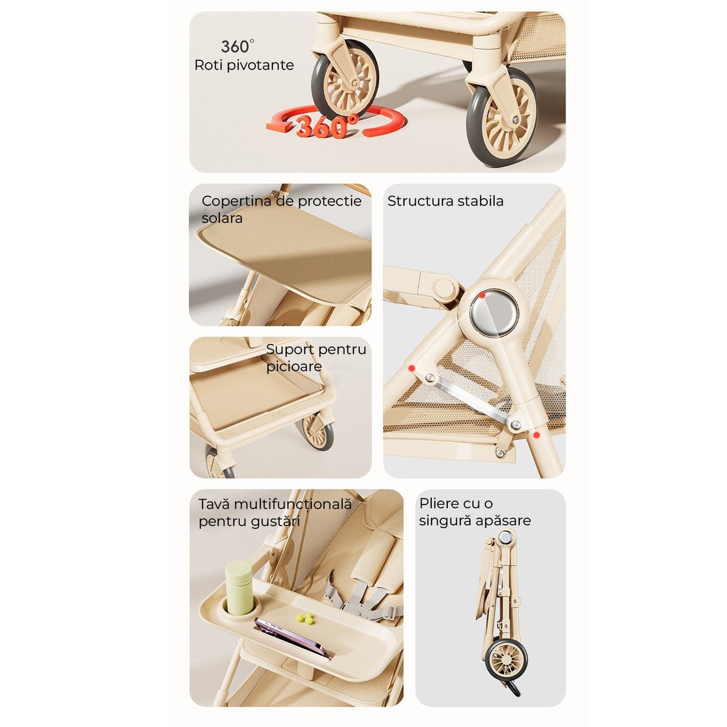Carucior bebe pliabil, 4 roti 360°, Sezut rabatabil 175°/full flat, Copertina solara, Tavita detasabila + Bara protectie, Pliere dintr-o apasare, Cadru metal, 0–36 luni, Bej