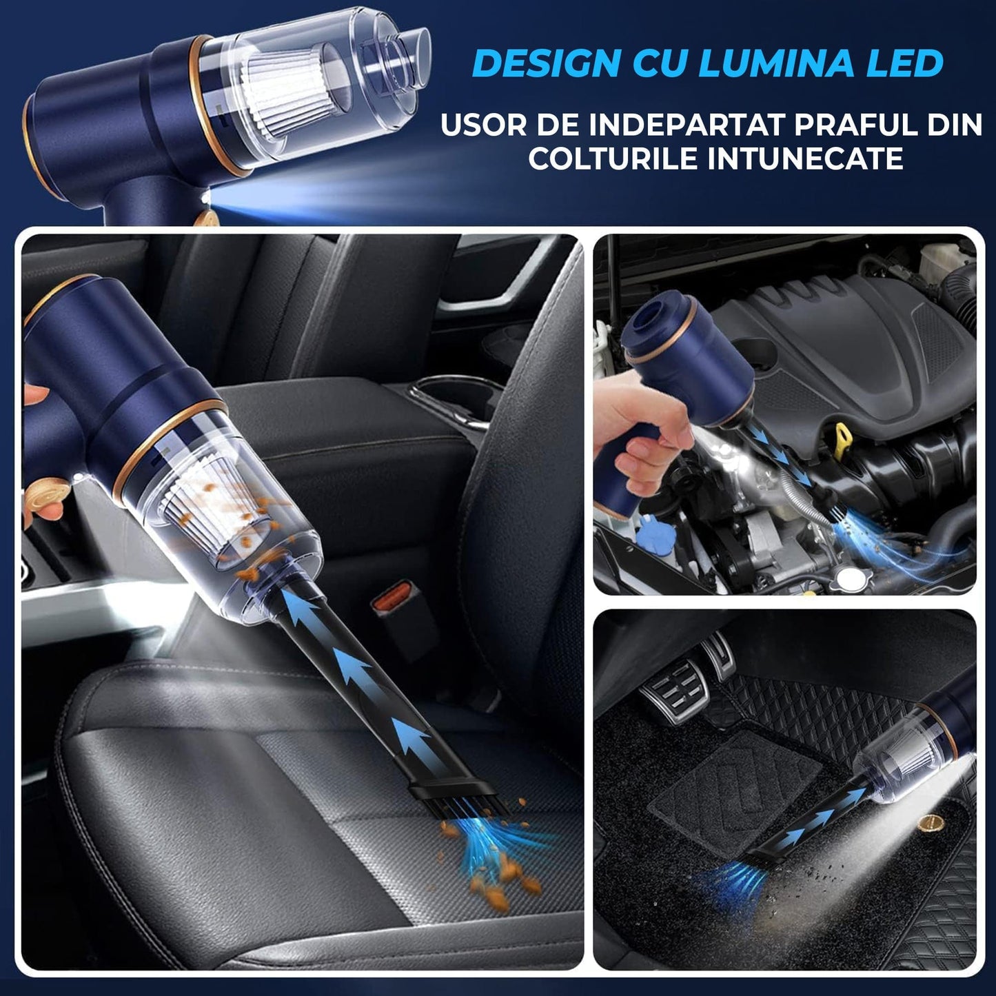 Aspirator Auto Portabil Timebox 2 in 1 cu Functie de Suflanta – 9000PA, 120W, Fara Fir, cu Baterie Reincarcabila, Lumina LED si Accesorii Multiple pentru Curatare Eficienta in Masina, Casa sau Birou