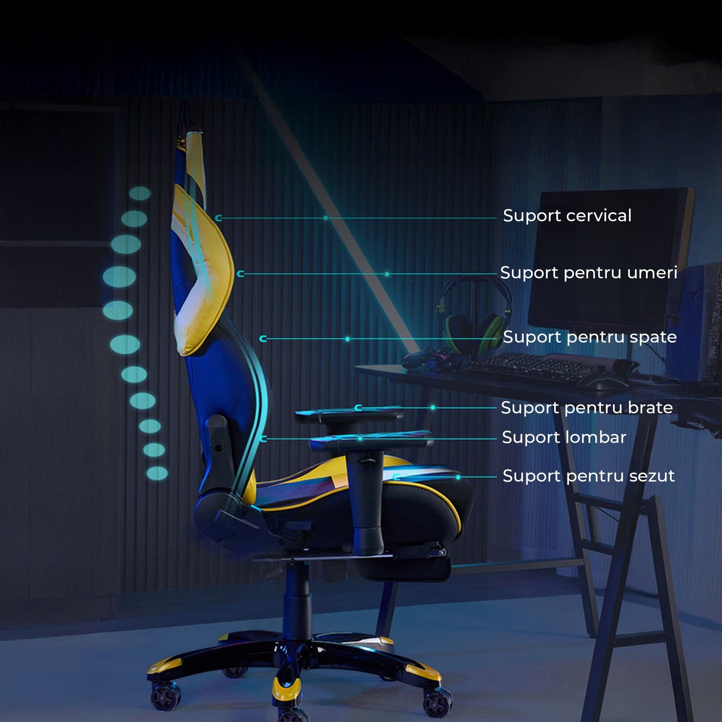 Scaun Gaming Ergonomic – Spatar Inalt, Design Sport, Rotativ 360°, Tapiterie Pet-Friendly, Cadru Metalic Rezistent Suport de Picioare, Galben