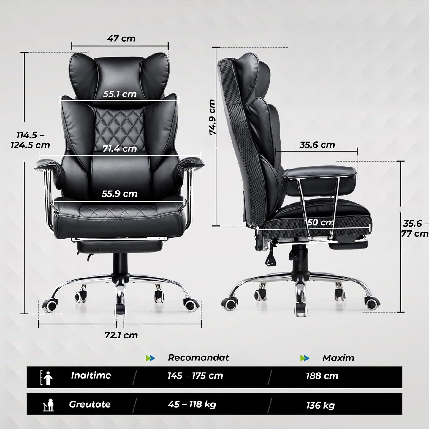 Scaun Office Timebox– Scaun Ergonomic Executiv din Piele cu Spatar Inalt, Suport Lombar cu Arcuri, Reclinabil 135°, Suport pentru Picioare si Cotiere Fixe, Confortabil, Cadru Metalic, Sustine Pana la 136 kg, Negru