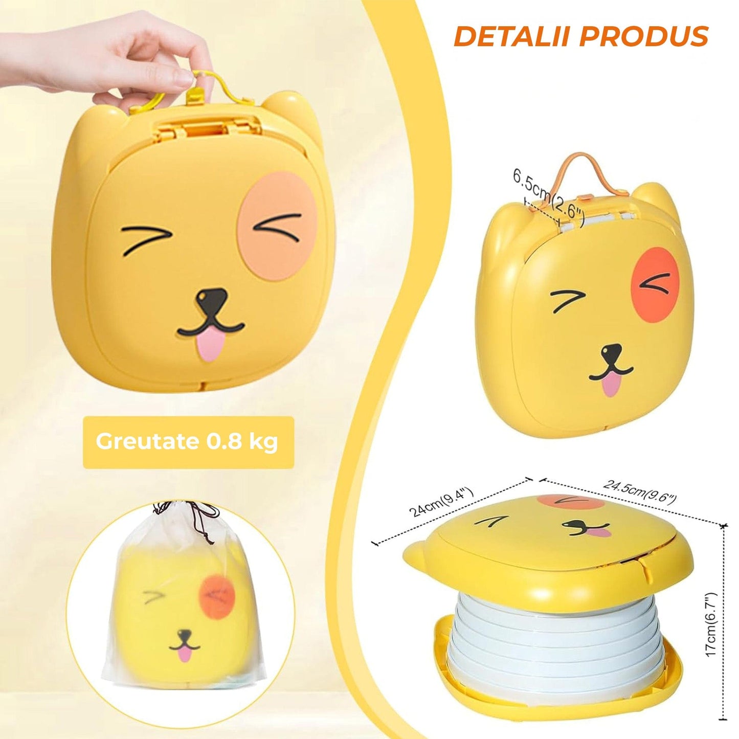 Toaleta Portabila Pliabila pentru Copii – WC de Calatorie, Ideala pentru Baieti si Fetite, Usor de Transportat si Utilizat in Masina sau in Vacanta, Galben