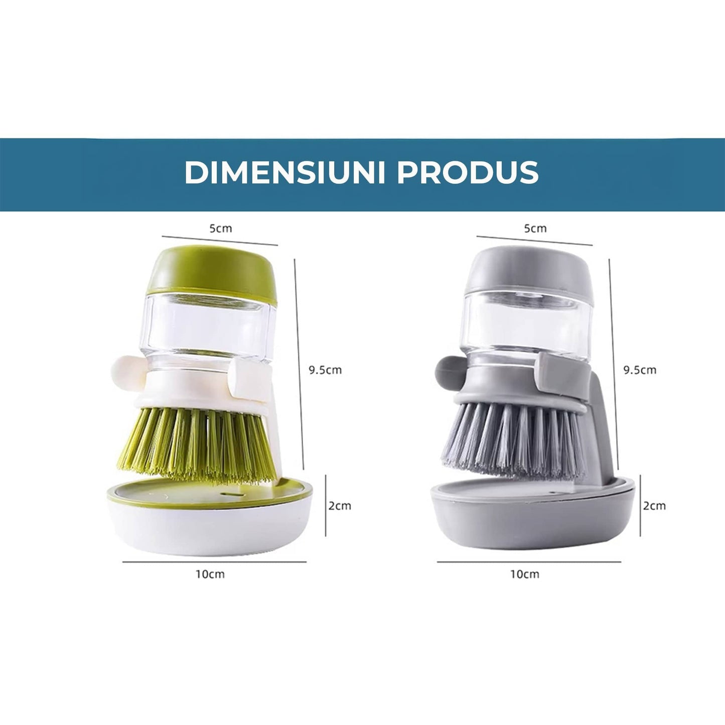 Dispenser Detergent cu Perie si Suport de Scurgere – Set Compact pentru Curatarea Vaselor si Chiuvetei, Dozare Automata, Design Modular cu Cap Reutilizabil si Rezerva, Gri