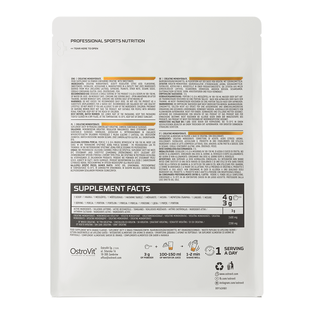 Creatină Monohidrată 500g Supliment Pentru Creștere Musculară Portocală