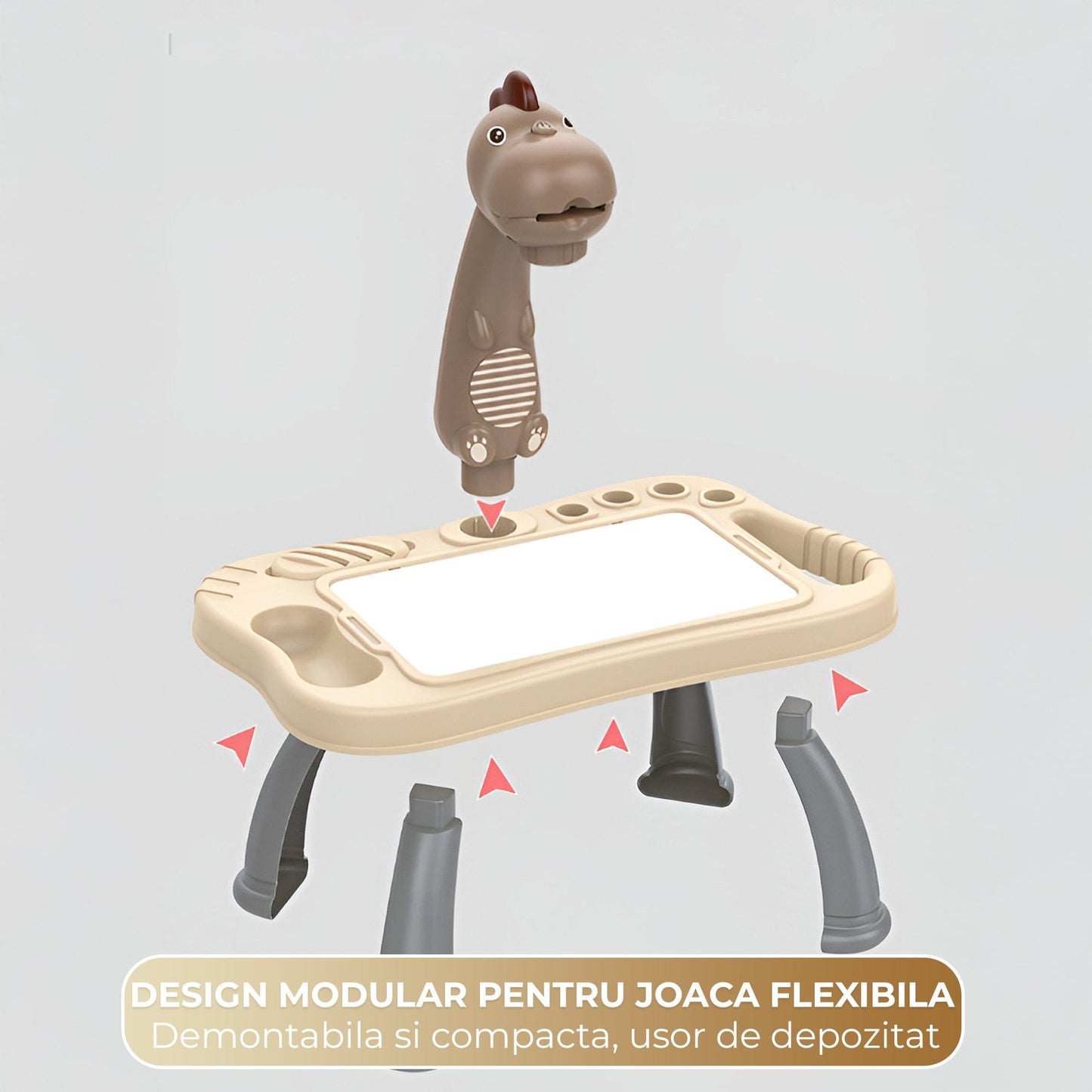 Masa interactiva de desen pentru copii cu model dinozaur, Tabla magnetica lavabila, Unghi ajustabil (plat/inclinat), Picioare demontabile, Discuri cu sabloane rotative, Markere color incluse, Durabil, Maro/Alb