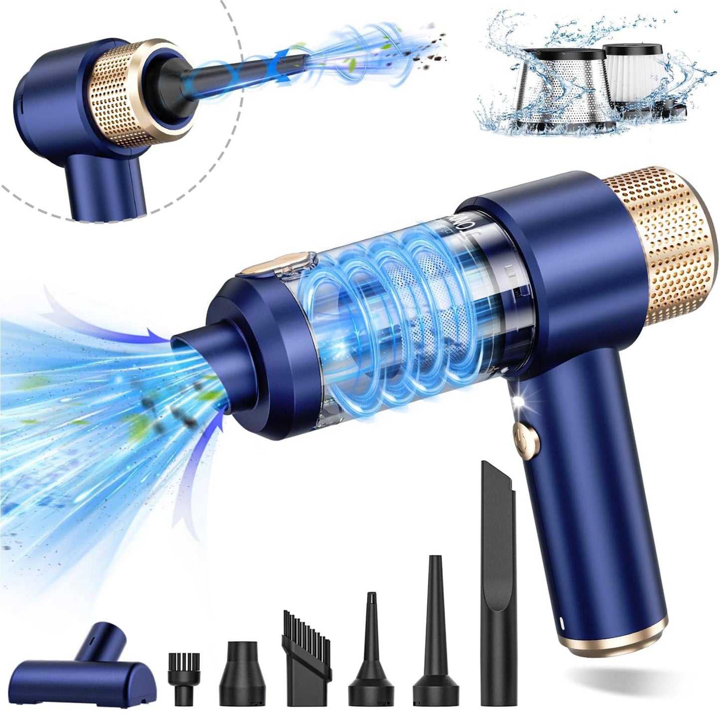 Aspirator Auto Portabil Timebox 2 in 1 – 16000PA, Fara Fir, cu Lumina LED si Accesorii Multiple, Filtru HEPA, Ideal pentru Masina, Acasa sau Birou, Albastru