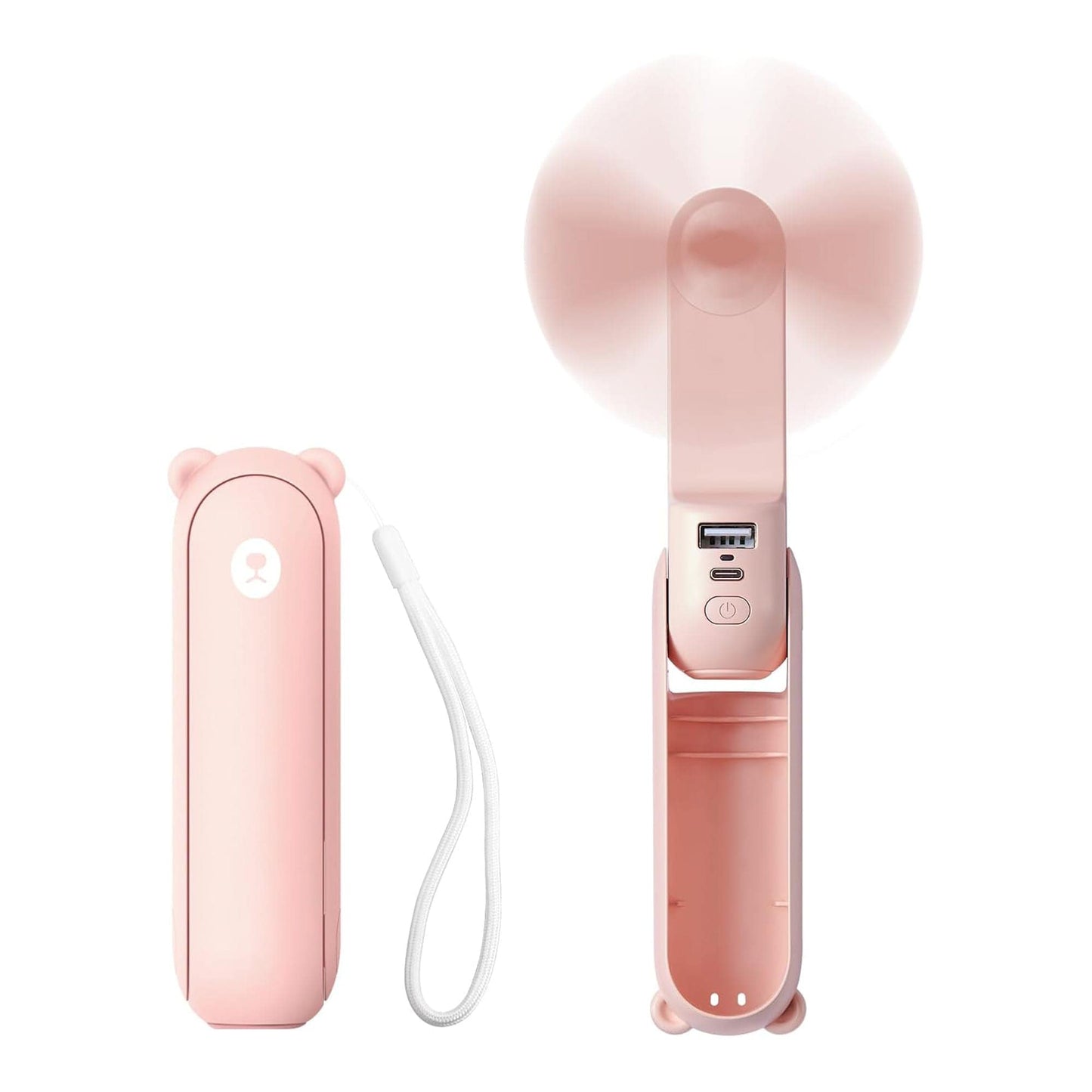 Mini Ventilator Portabil 3 in 1 – Reincarcabil USB, cu Power Bank si Lanterna, Design Compact pentru Calatorii, Vara, Concerte sau Birou, Autonomie 12–19 Ore, Roz