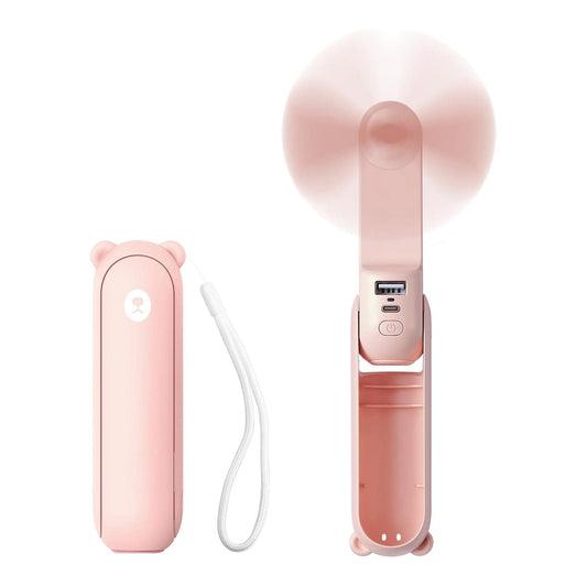 Mini Ventilator Portabil 3 in 1 – Reincarcabil USB, cu Power Bank si Lanterna, Design Compact pentru Calatorii, Vara, Concerte sau Birou, Autonomie 12–19 Ore, Roz