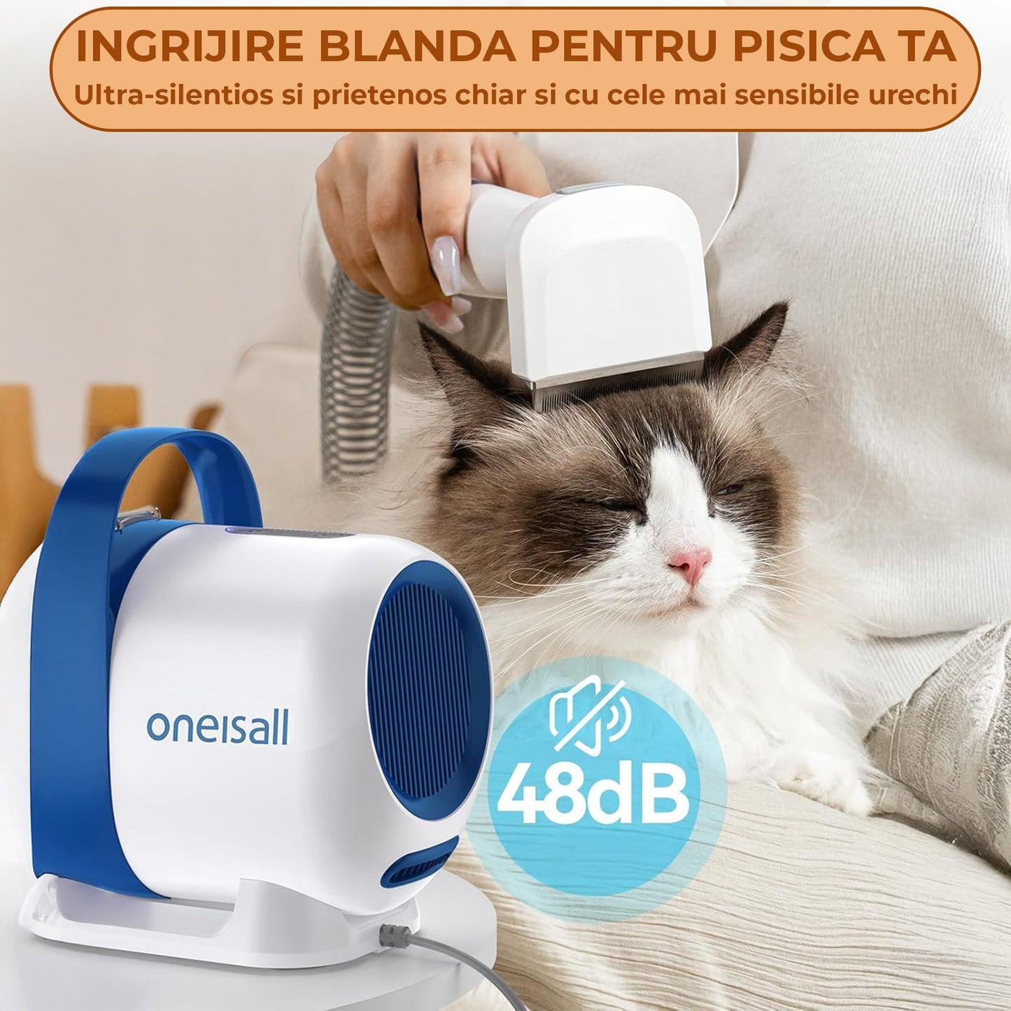 Aspirator Silentios pentru Ingrijirea Animalelor, Kit 6 in 1 cu Perie, Clipper si Trimmer, 48 dB Ultra Silentios, 3 Trepte de Viteza, Ideal pentru Tuns, Descurcat si Colectare Par, 1,5L Capacitate, Alb