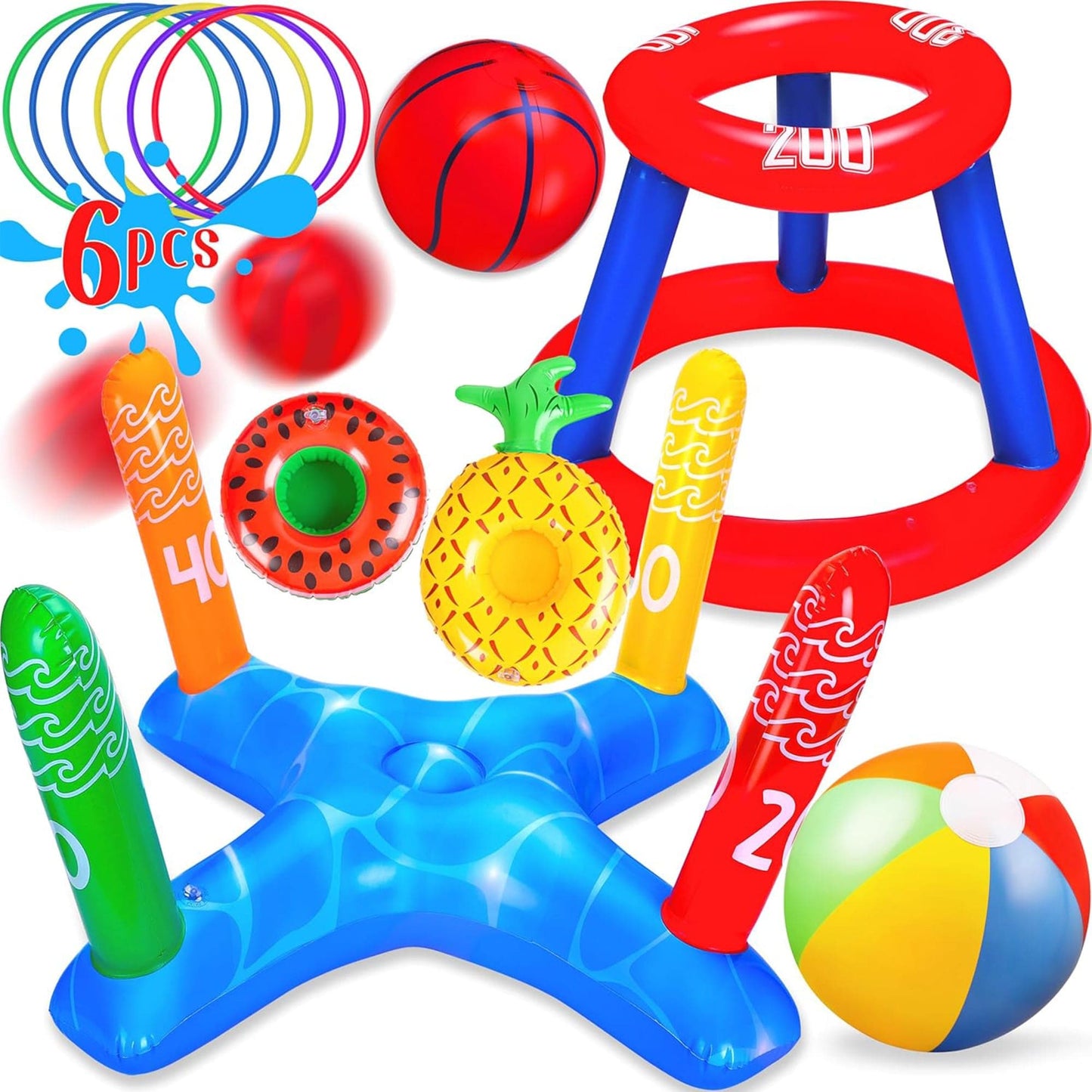 Set 3 in 1 Jocuri Gonflabile pentru Piscina – Cos Baschet Plutitor, Aruncare Inele si Minge de Plaja 30 cm, Ideal pentru Copii si Adulti, 6 Piese, Multicolor