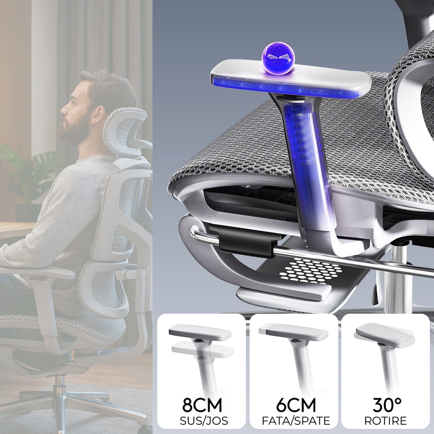 Scaun birou ergonomic Timebox, Plasa mesh respirabil, Tetiera, 4D armrest, Reglaj inaltime si adancime sezut, Suport picioare rabatabil, Spatar cu suport lombar ajustabil, Rotativ cu roti, Gri