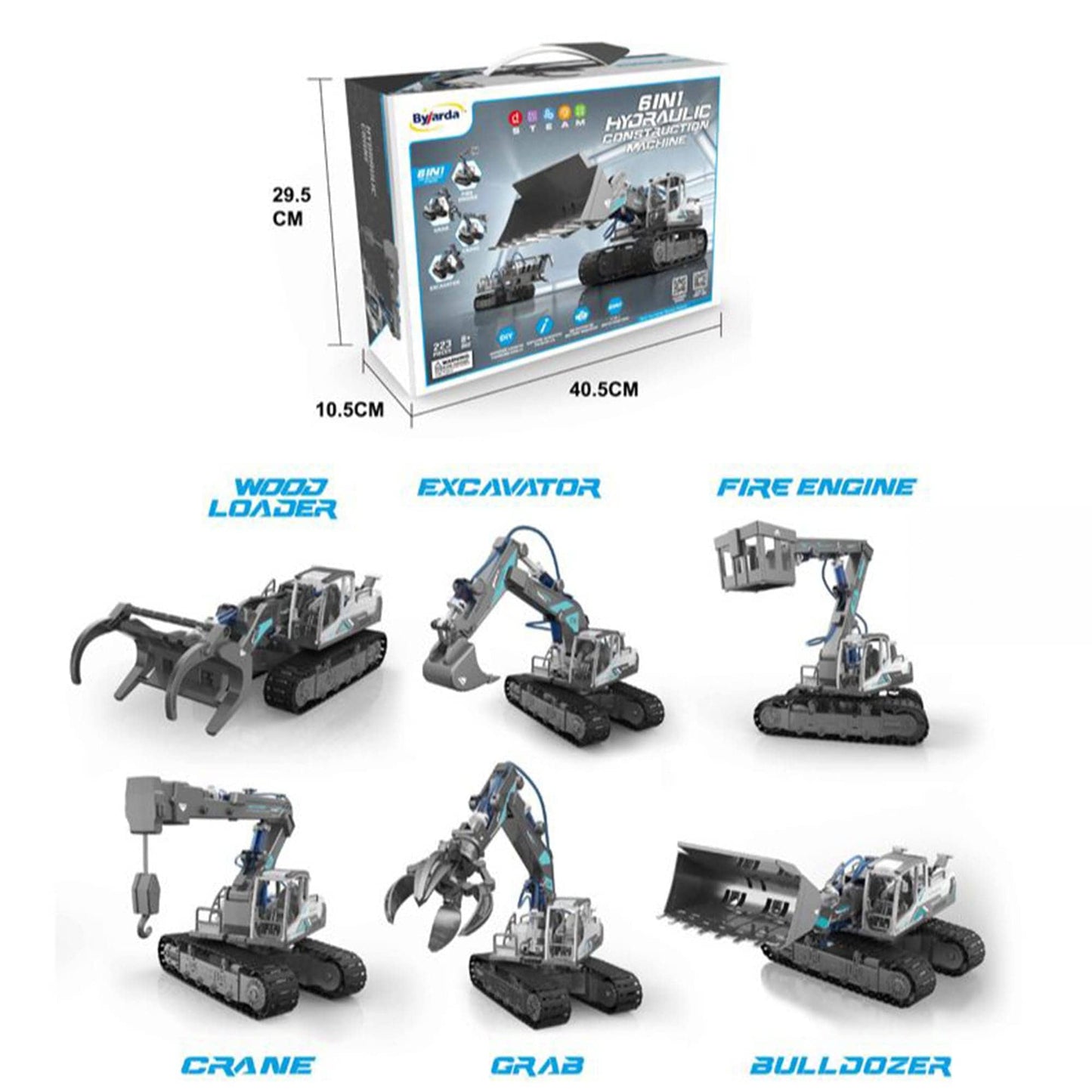 Set Educativ 6 in 1 de Constructie Hidraulica pentru Copii 8–12 Ani – Excavatoare, Macara si Incarcator Lemne, Joc Interactiv STEM