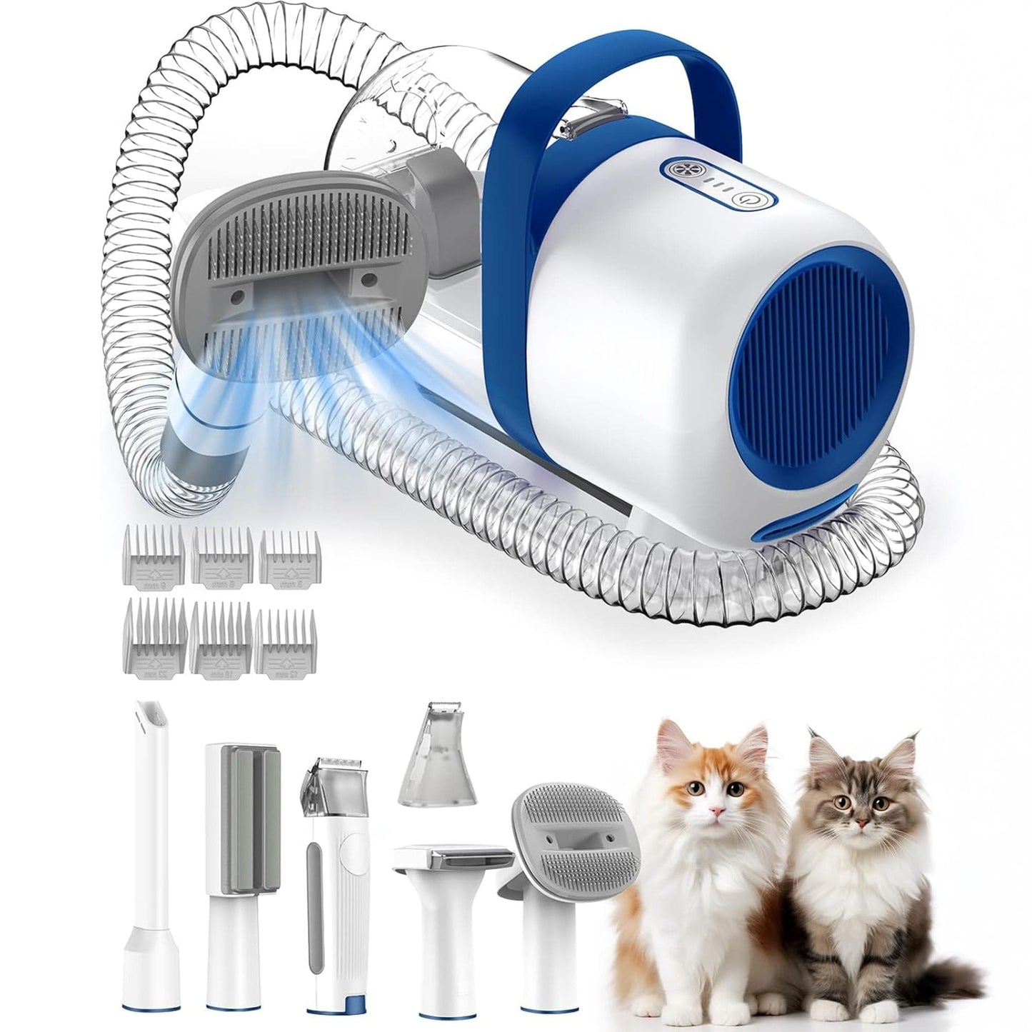 Aspirator Silentios pentru Ingrijirea Animalelor, Kit 6 in 1 cu Perie, Clipper si Trimmer, 48 dB Ultra Silentios, 3 Trepte de Viteza, Ideal pentru Tuns, Descurcat si Colectare Par, 1,5L Capacitate, Alb