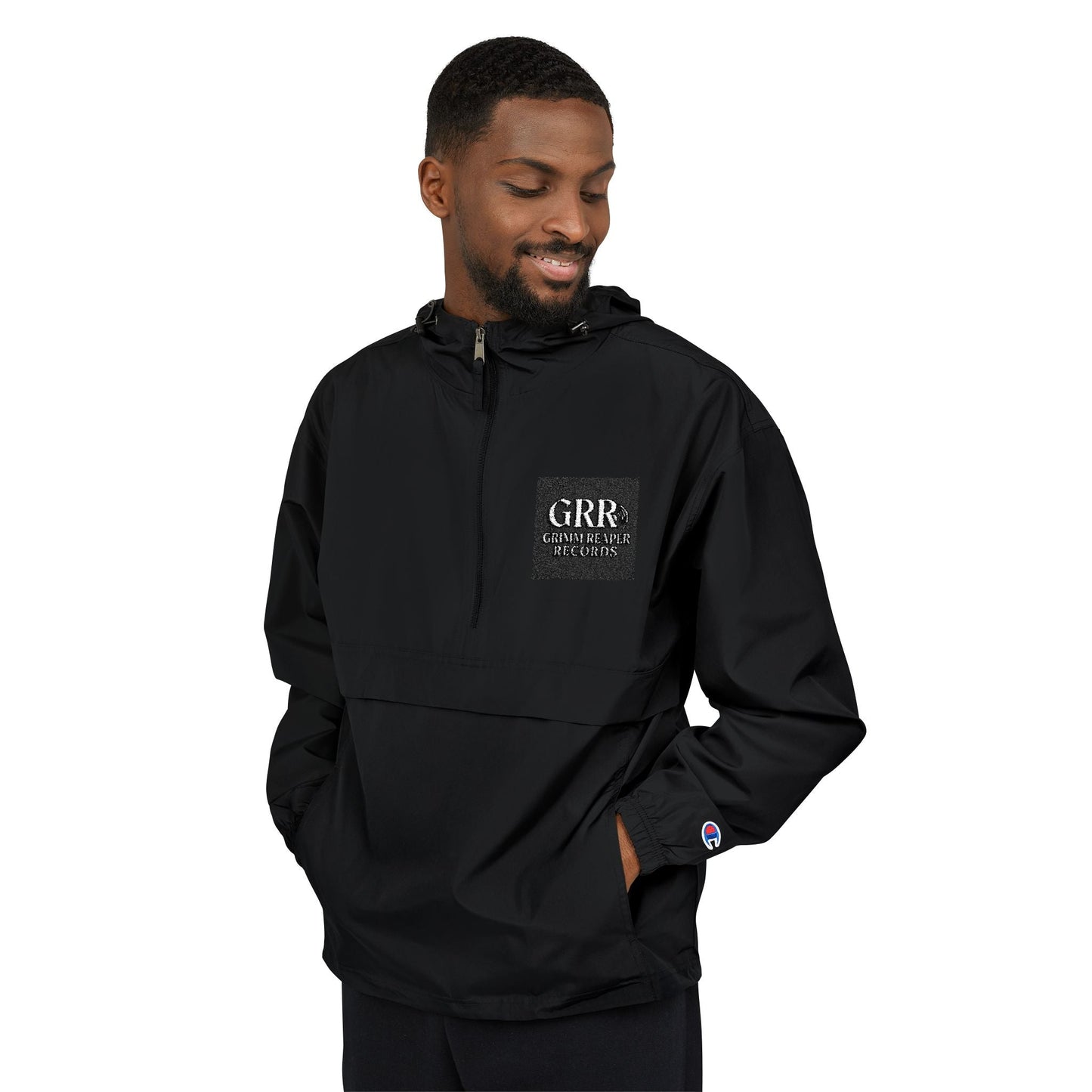 Champion Packable Anorak Jacket — Black Windbreaker with QRIS Chest Graphic