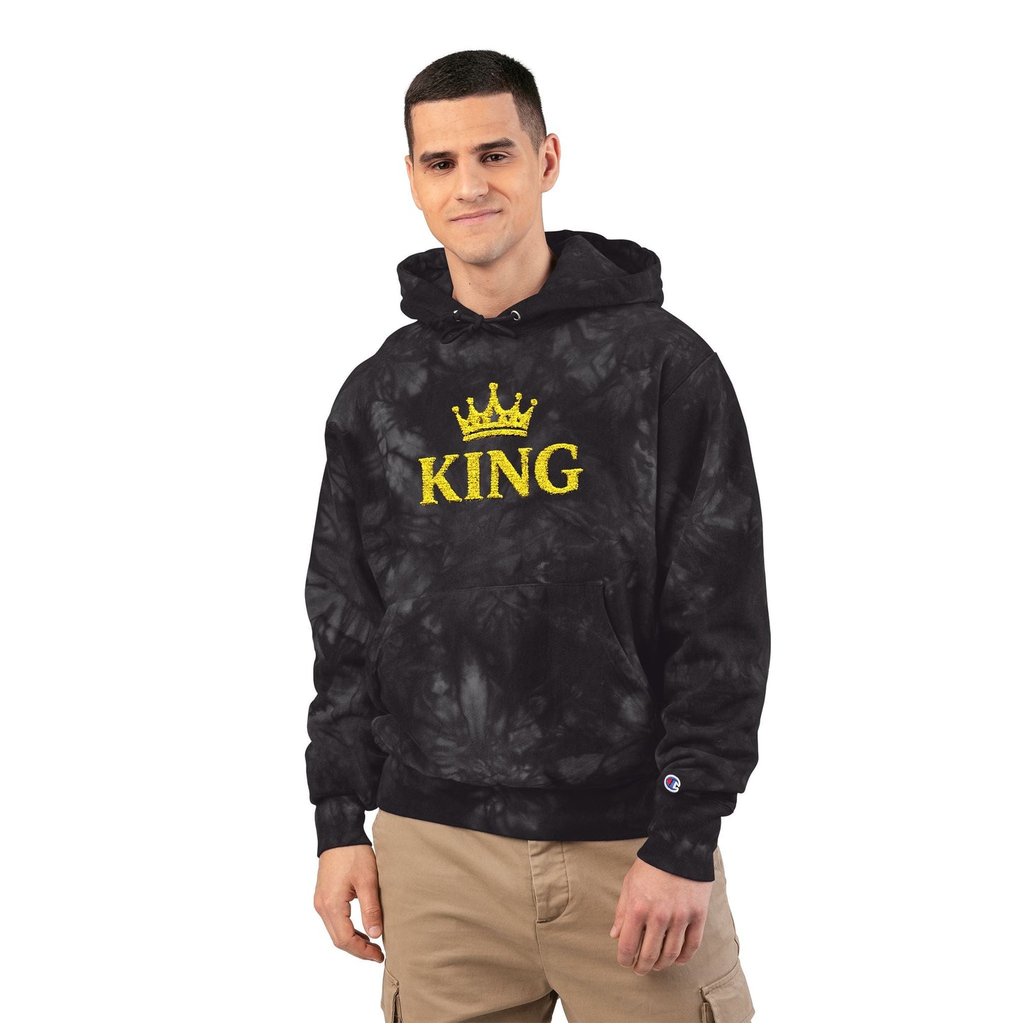 King Embroidered Hoodie — Black Tie-Dye Champion Style