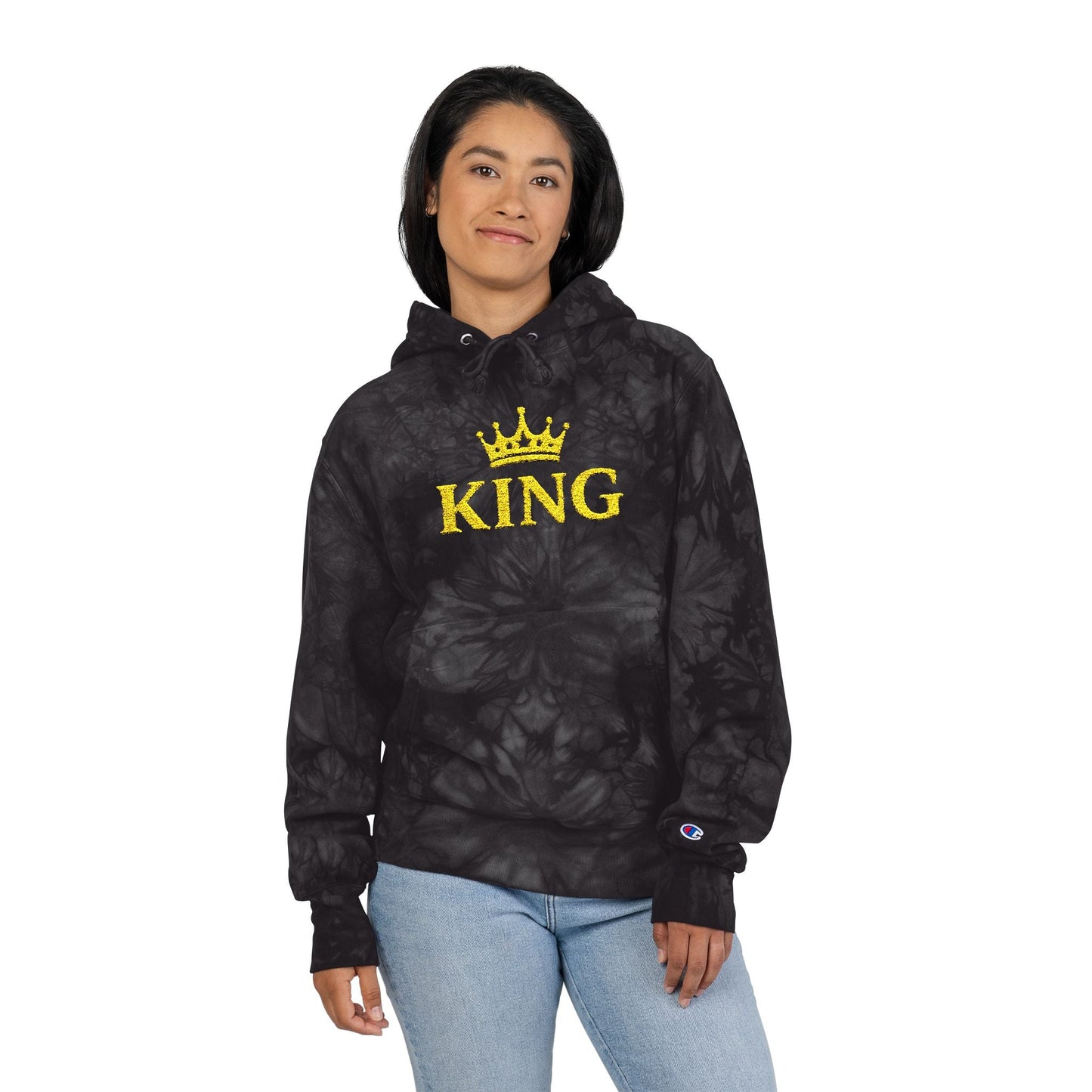 King Embroidered Hoodie — Black Tie-Dye Champion Style