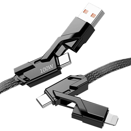 Cablu de date si Incarcare Rapida, Timebox, 4 in 1, Fast Charge 100W, 1,5m, USB, Lightning, Type-C, Negru