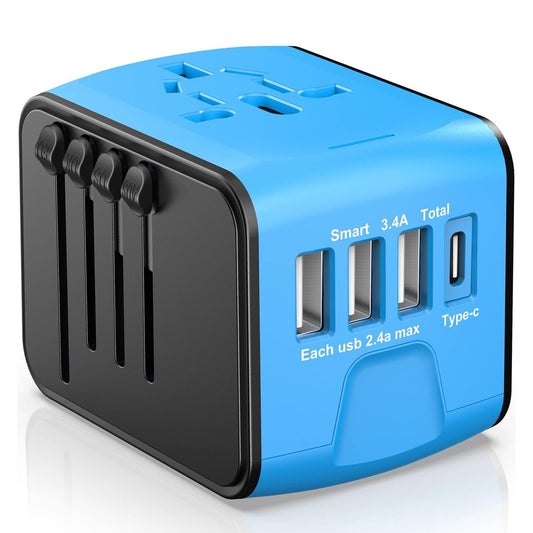 Adaptor incarcator universal priza de calatorie, Timebox, 3 x USB, 1 x Type-C pentru US, UK, EU, Australia, Asia, Albastru