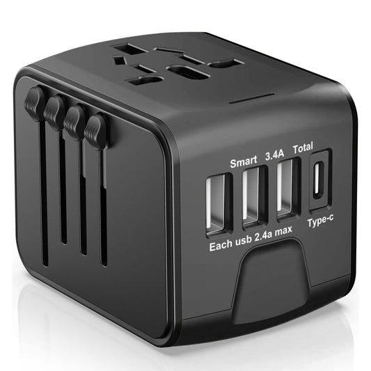 Adaptor incarcator universal priza de calatorie, Timebox, 3 x USB, 1 x Type-C pentru US, UK, EU, Australia, Asia, Negru