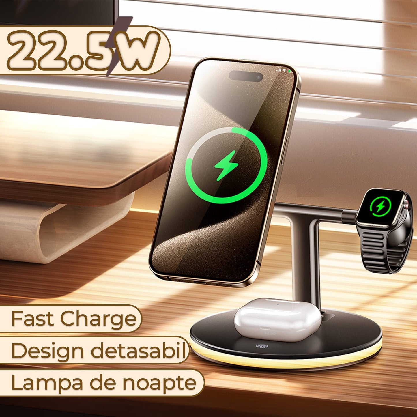 Incarcator Wireless 4 in 1 Timebox, multifunctional, Fast Charge 22,5W cu lumina de noapte, Compatibil iPhone, Samsung, Airpods, Apple Watch