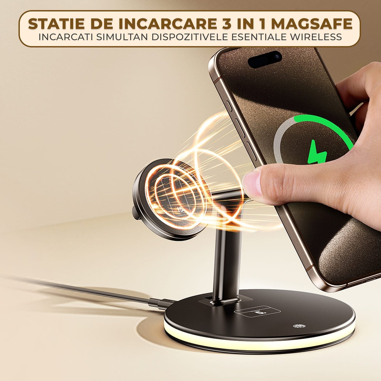 Incarcator Wireless 4 in 1 Timebox, multifunctional, Fast Charge 22,5W cu lumina de noapte, Compatibil iPhone, Samsung, Airpods, Apple Watch