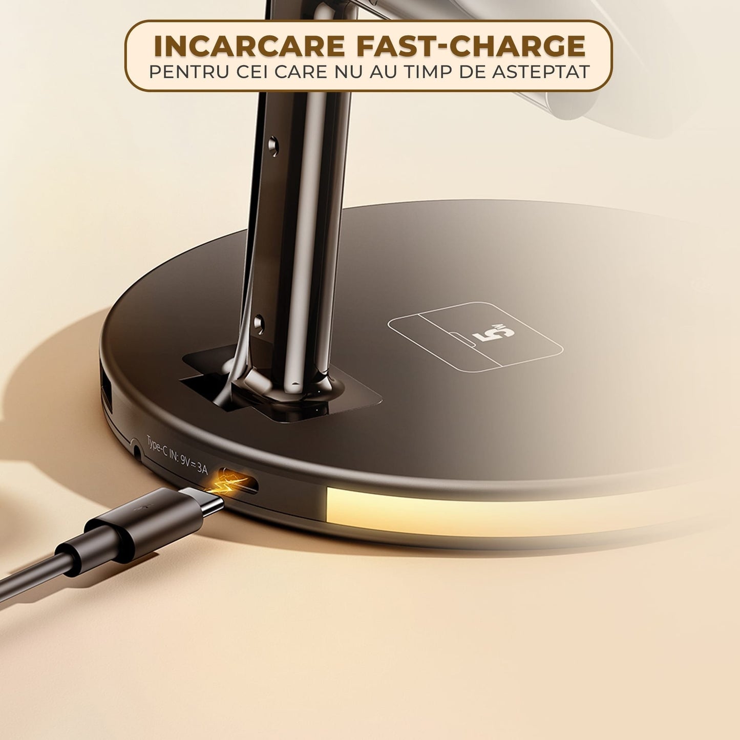 Incarcator Wireless 4 in 1 Timebox, multifunctional, Fast Charge 22,5W cu lumina de noapte, Compatibil iPhone, Samsung, Airpods, Apple Watch