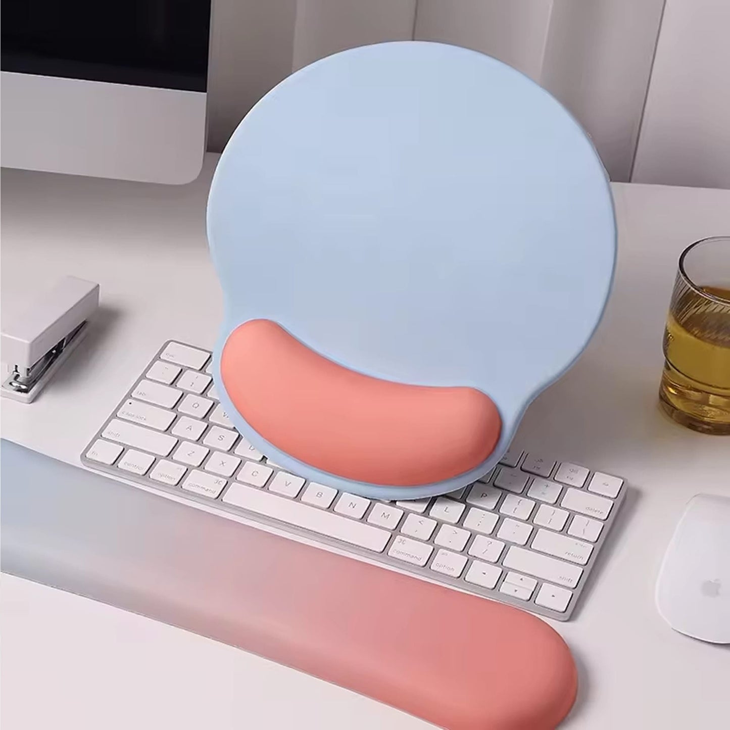 Mousepad ergonomic cu Spuma cu Memorie pentru sustinere incheietura mana cu Wrist Rest pentru mouse si tastatura, baza anti-derapanta, Roz, Albastru