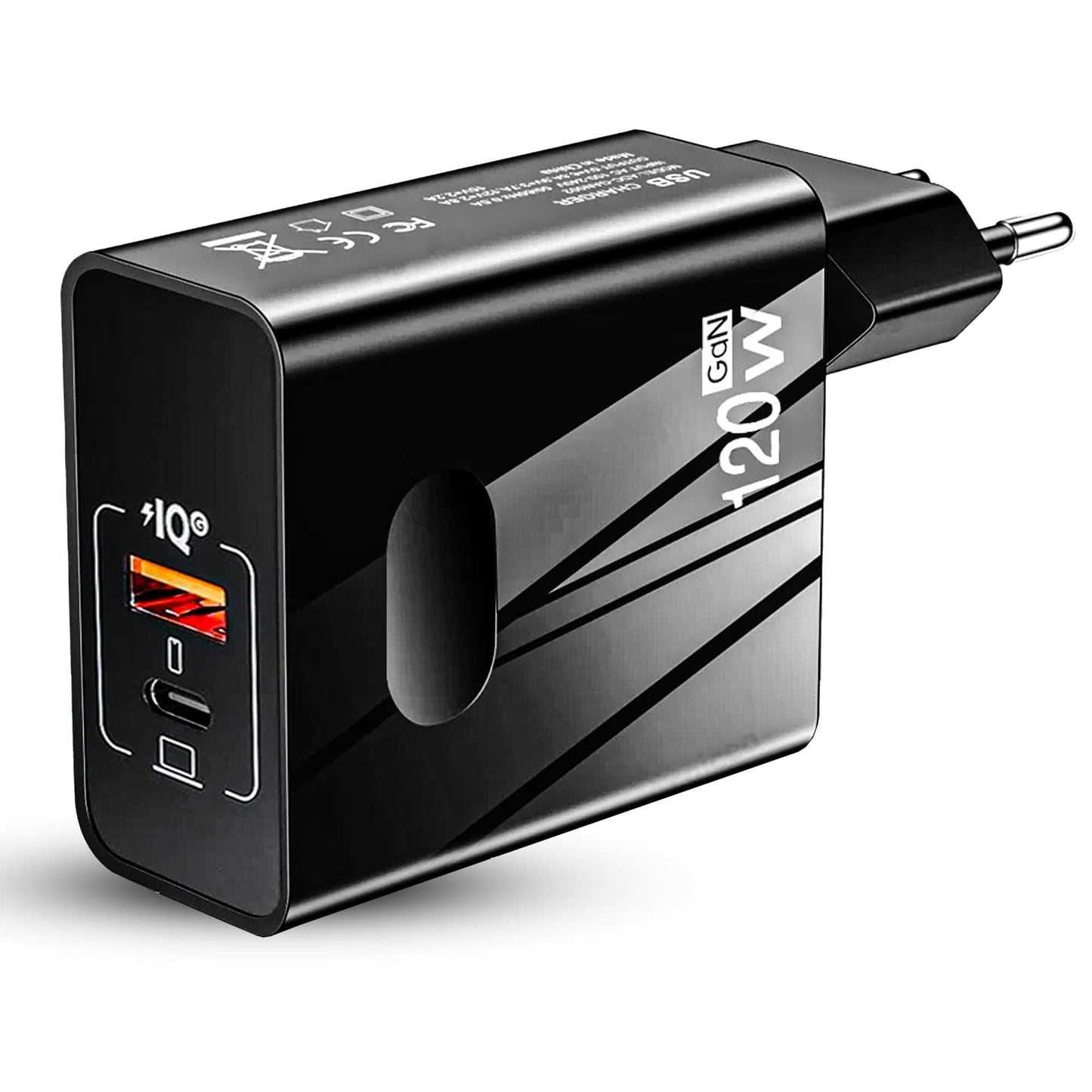 Incarcator Retea Timebox, 2 Porturi, 120W Fast-Charge, 1 x Type-C, 1 x USB Q,C 3,0, Negru