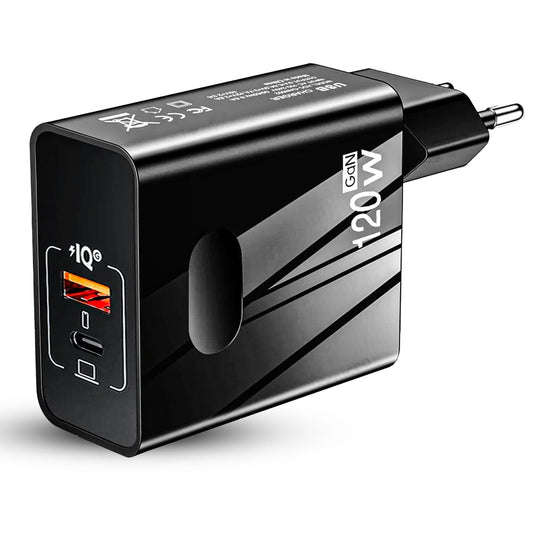 Incarcator Retea Timebox, 2 Porturi, 120W Fast-Charge, 1 x Type-C, 1 x USB Q,C 3,0, Negru