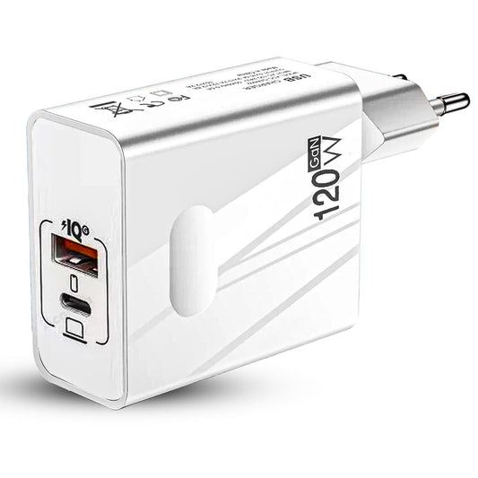 Incarcator Retea Timebox, 2 Porturi, 120W Fast-Charge, 1 x Type-C, 1 x USB Q,C 3,0, Alb
