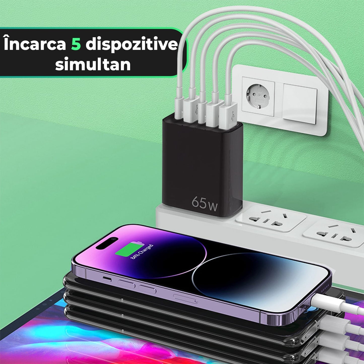 Incarcator Retea, 5 Porturi, 65W Fast Charge, 3 x USB, 2 x Type-C, Universal, Negru