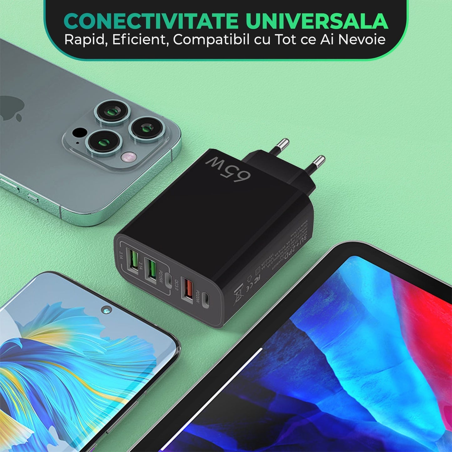 Incarcator Retea, 5 Porturi, 65W Fast Charge, 3 x USB, 2 x Type-C, Universal, Negru