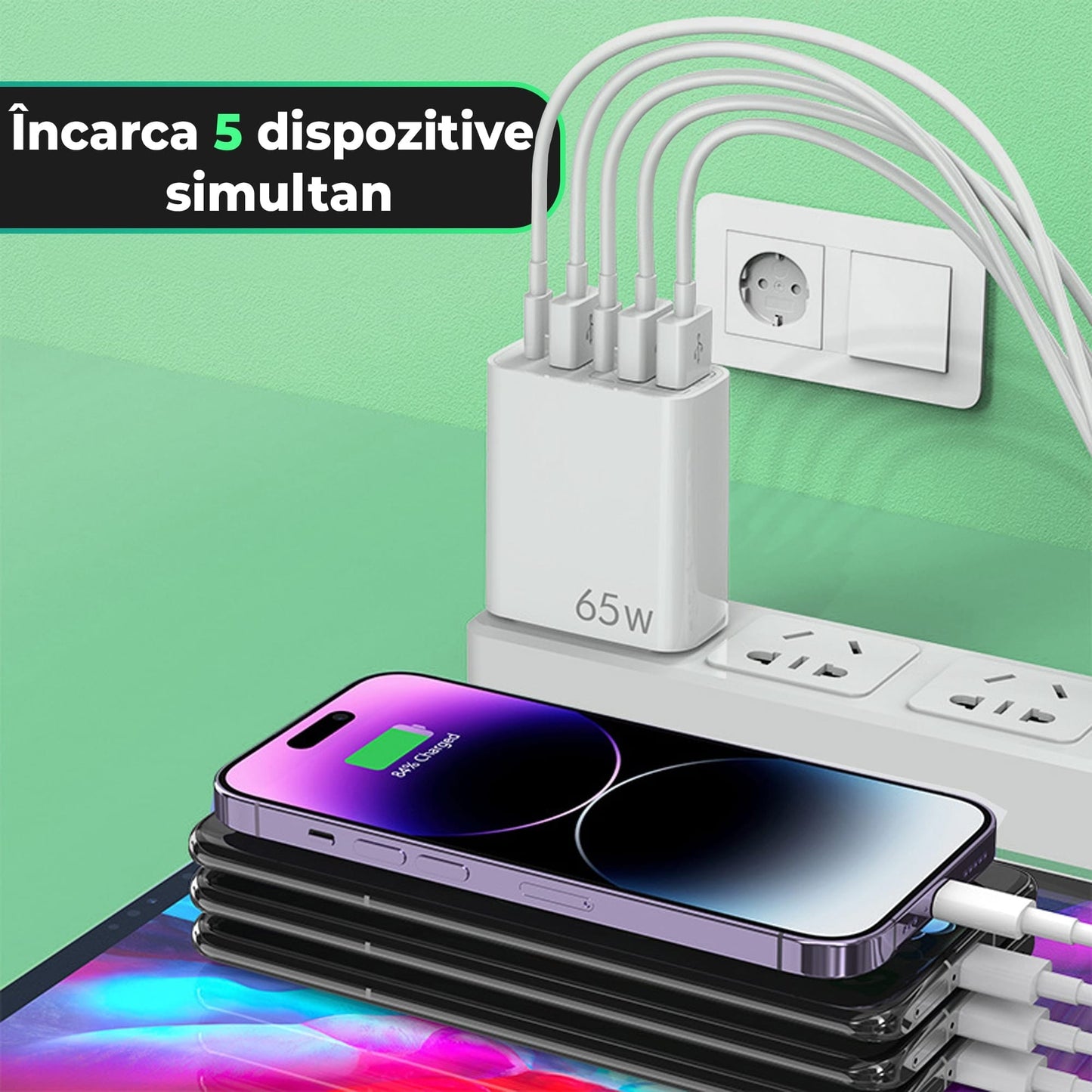 Incarcator Retea, 5 Porturi, 65W Fast Charge, 3 x USB, 2 x Type-C, Cablu de date inclus USB-C Negru, Universal, Alb