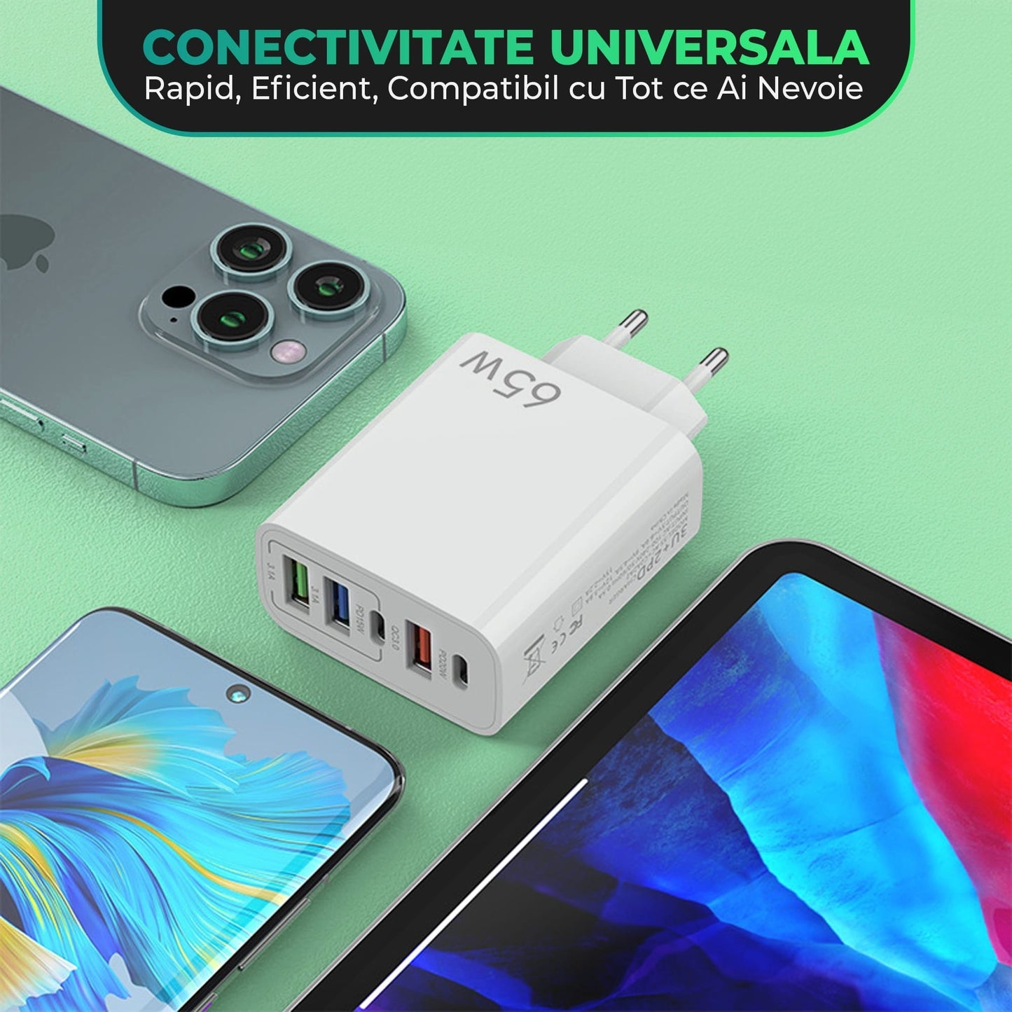 Incarcator Retea, 5 Porturi, 65W Fast Charge, 3 x USB, 2 x Type-C, Cablu de date inclus USB-C Negru, Universal, Alb