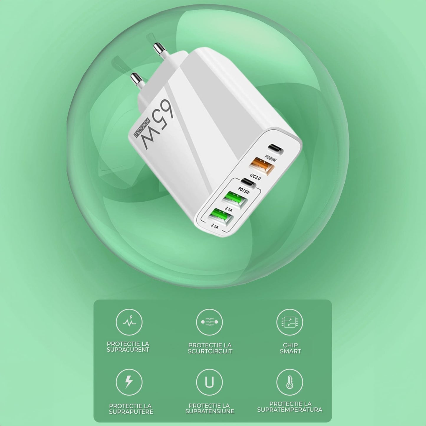 Incarcator Retea, 5 Porturi, 65W Fast Charge, 3 x USB, 2 x Type-C, Cablu de date inclus USB-C Negru, Universal, Alb