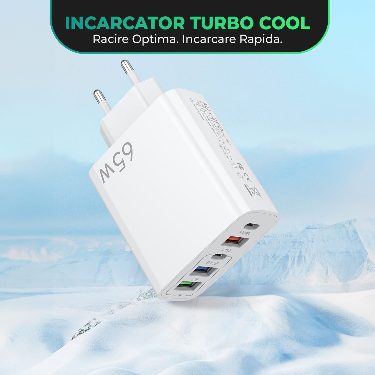 Incarcator Retea, 5 Porturi, 65W Fast Charge, 3 x USB, 2 x Type-C, Cablu de date inclus USB-C Negru, Universal, Alb