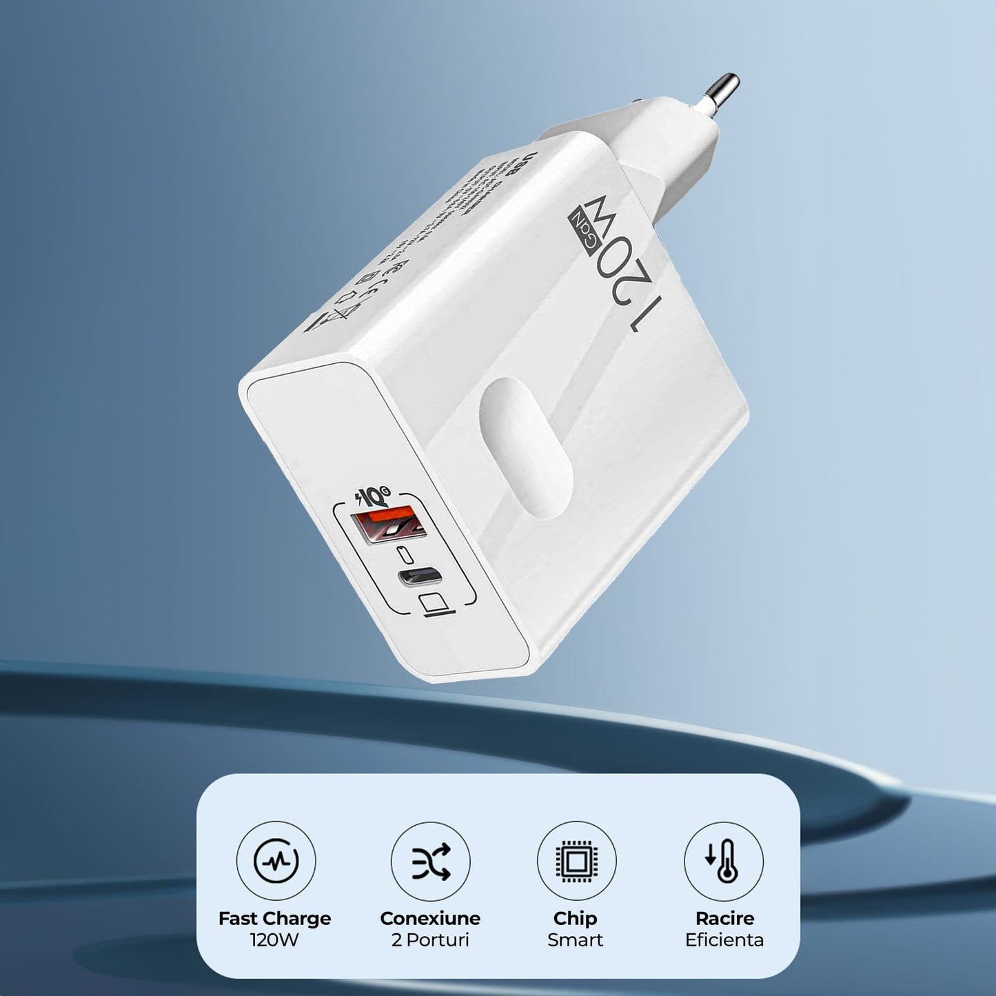 Incarcator Retea Timebox, 2 Porturi, 120W Fast-Charge, 1 x Type-C, 1 x USB Q,C 3,0, Alb