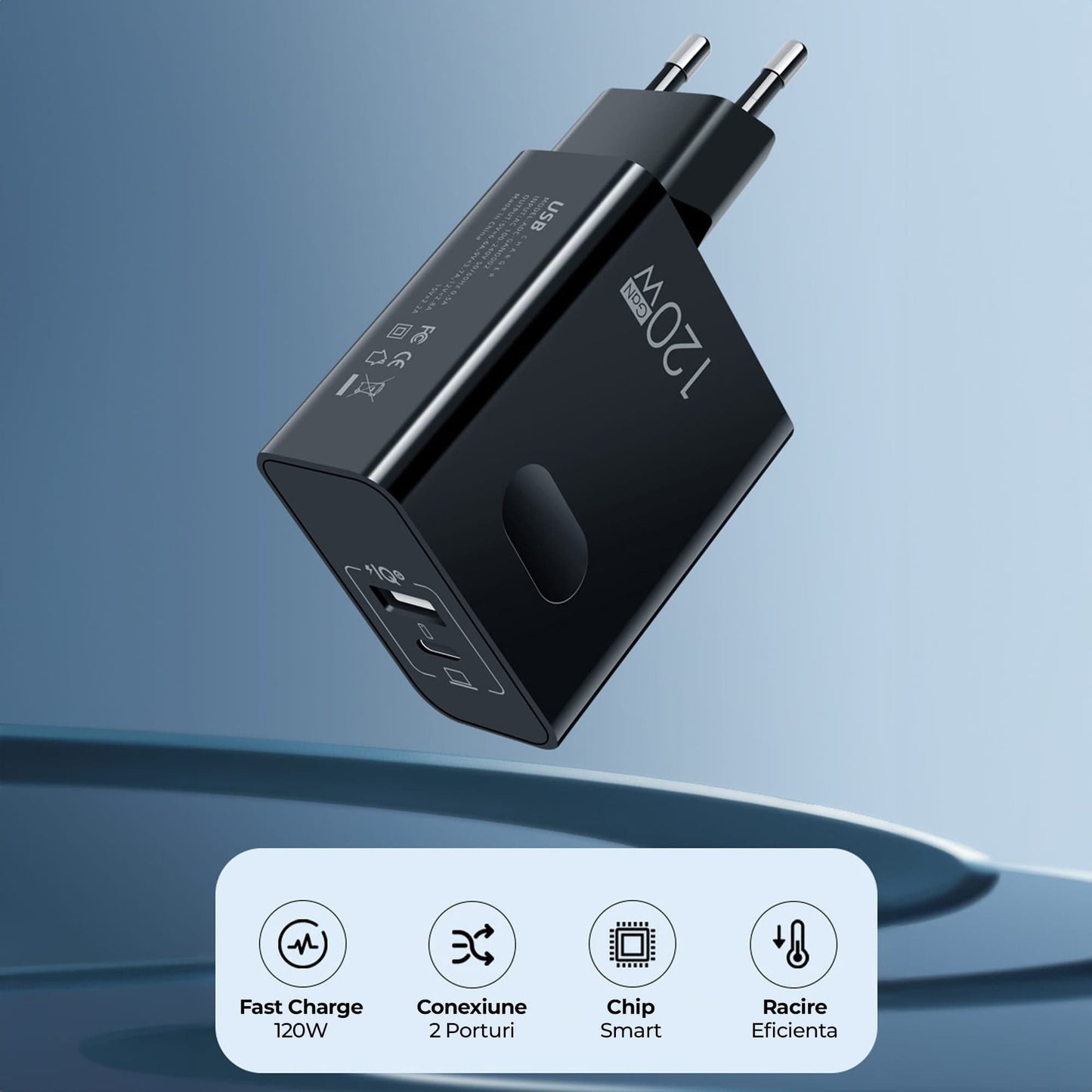 Incarcator Retea Timebox, 2 Porturi, 120W Fast-Charge, 1 x Type-C, 1 x USB Q,C 3,0, Negru
