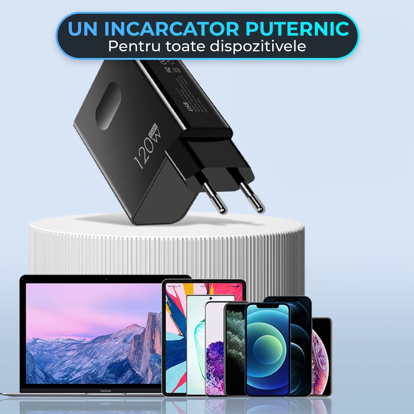 Incarcator Retea Timebox, 2 Porturi, 120W Fast-Charge, 1 x Type-C, 1 x USB Q,C 3,0, Negru