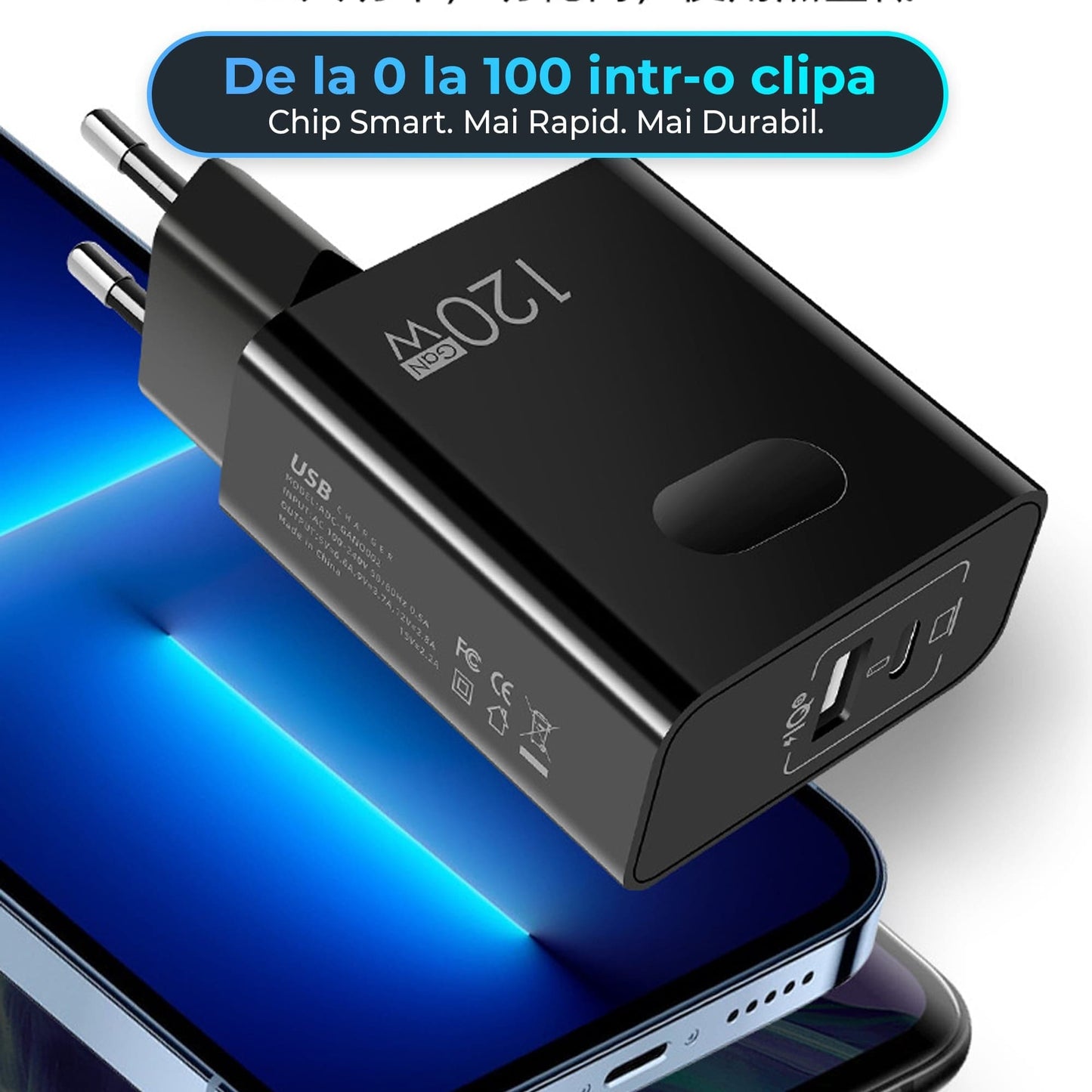 Incarcator Retea Timebox, 2 Porturi, 120W Fast-Charge, 1 x Type-C, 1 x USB Q,C 3,0, Negru