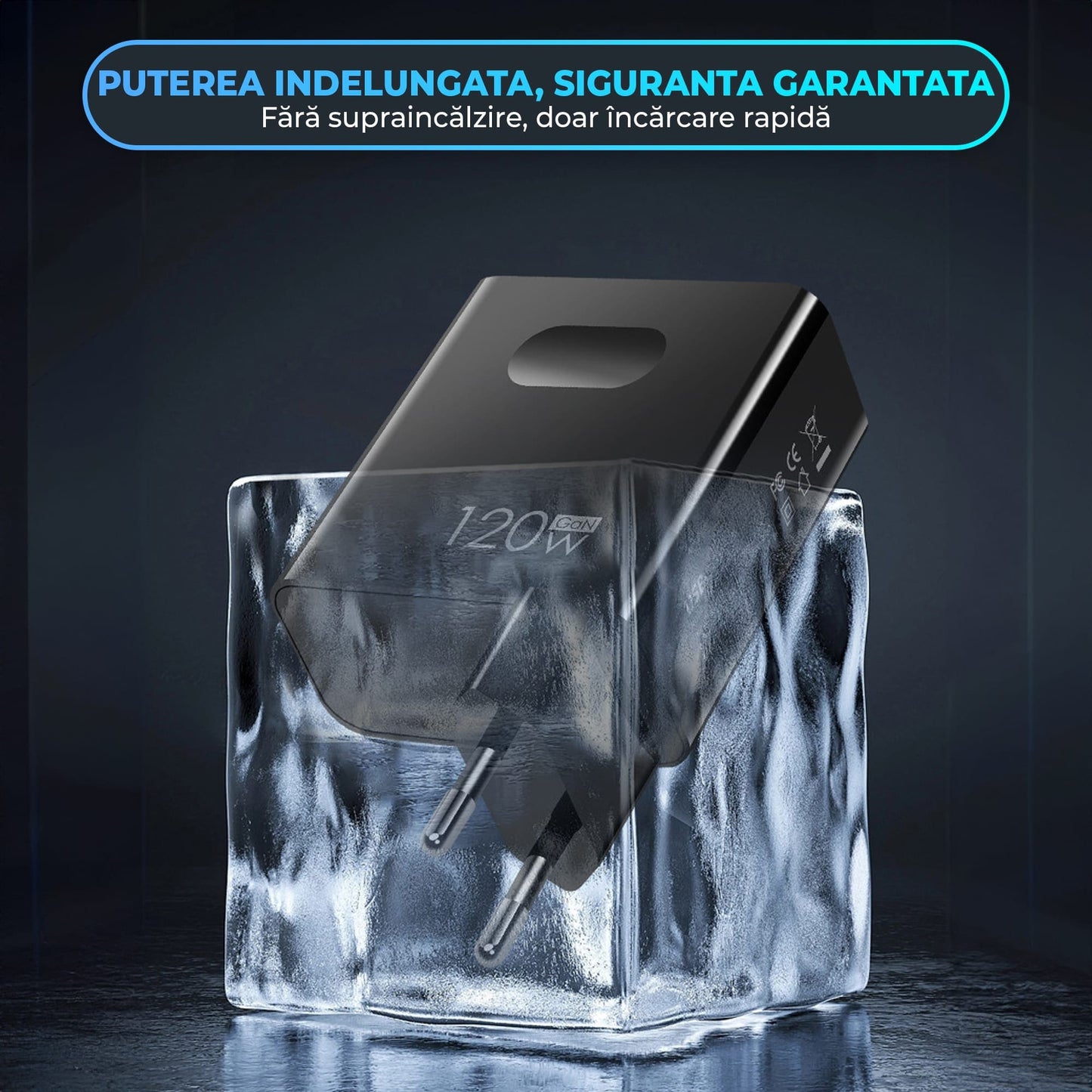 Incarcator Retea Timebox, 2 Porturi, 120W Fast-Charge, 1 x Type-C, 1 x USB Q,C 3,0, Negru