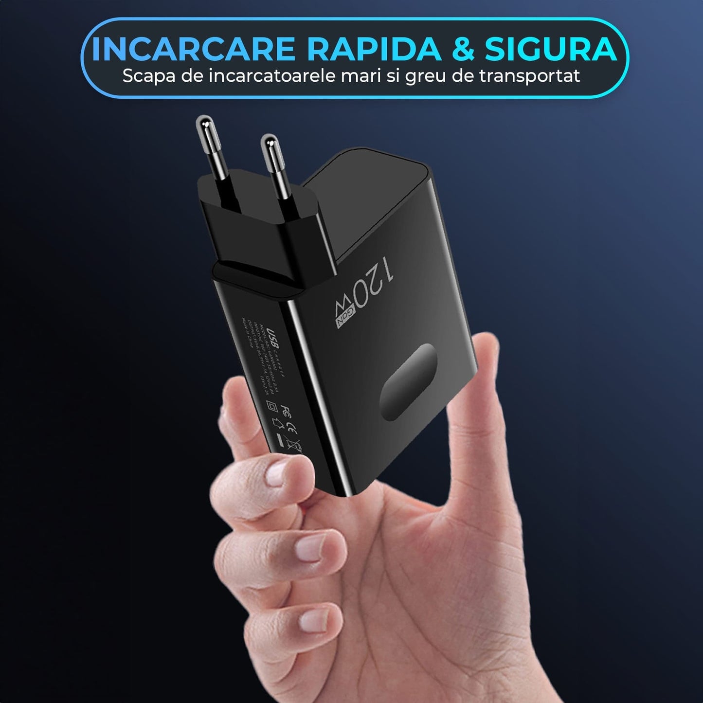 Incarcator Retea Timebox, 2 Porturi, 120W Fast-Charge, 1 x Type-C, 1 x USB Q,C 3,0, Negru